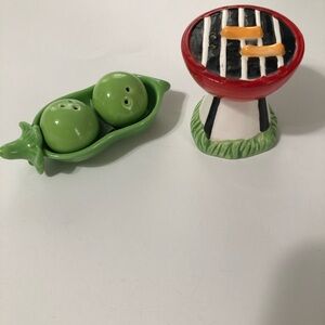 ceramic pea pod & BBQ grill salt and pepper shakers.